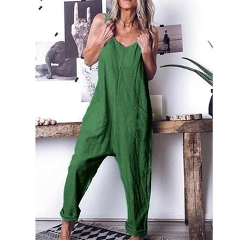 

Stylish Women Strap Sleeveless Straight Pocket Jumpsuit Ladies Cotton Linen Overall Streetwear Long Trouser Plus Size S-5XL