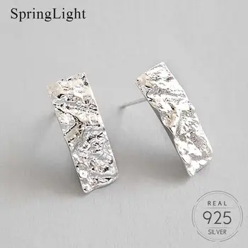 

Springlight Handmade 100% 925 Sterling Silver Jewelry Irregular Hammered Rectangle Stud Earrings Concave-convex Surface Earrings