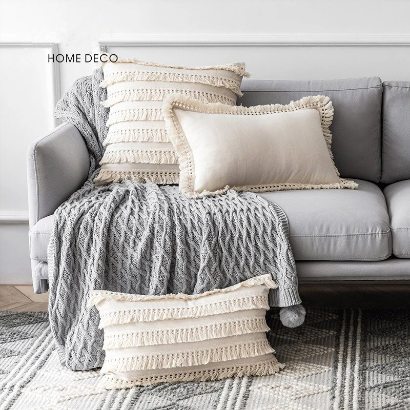 Однотонная хлопковая льняная наволочка ручной работы в богемном стиле