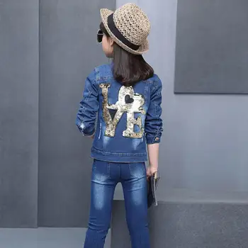 

Kids Clothes Appliques Denim Jacket & Jeans & T-shirt 3 Pcs Suit For Girls Love Sequined Girls Outfits Autumn Novelty Girls Suit