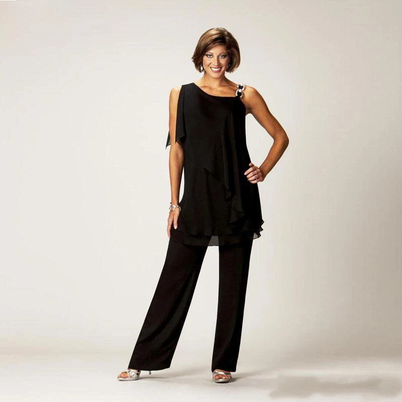 

Elegant Two Pieces Chiffon Mother of the Bride Pant Suits 2019 One Shoulder Tiered Pants Suit Plus Size Formal Ladie Dresses