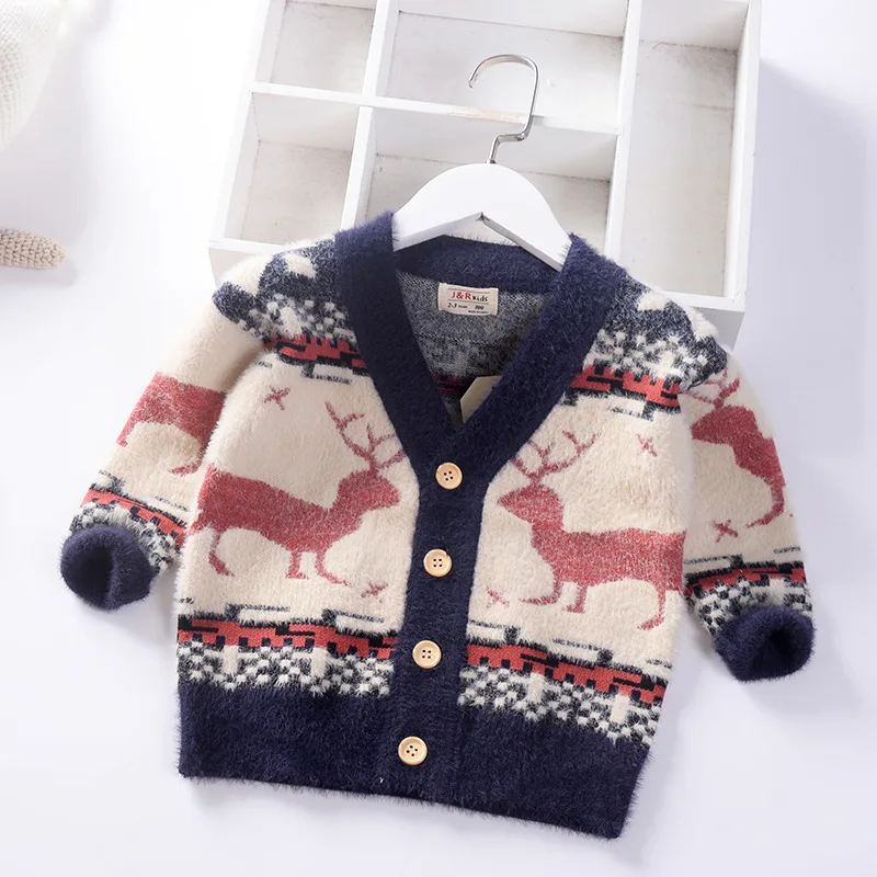 Свитер для малышей Хлопковый вязаный кардиган для девочек, Рождественский свитер для мальчиков с оленем детская одежда топы для младенцев от 2 до 7 лет - Цвет: Черный