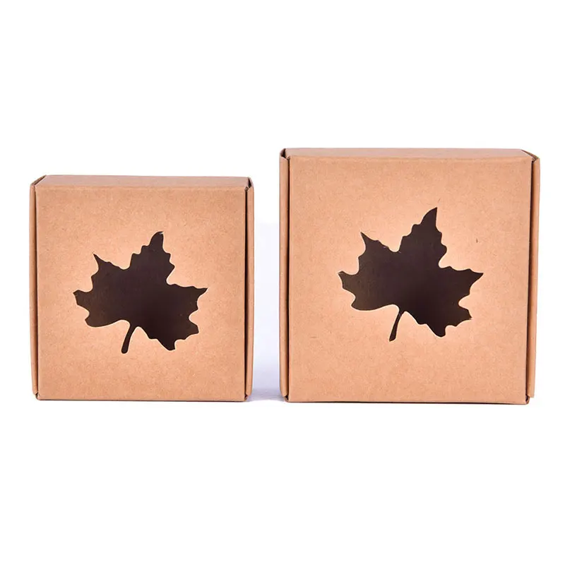 

10pcs Kraft Paper Diy Gift Box With Clear Pvc Maple Leaf Window Soap Packaging