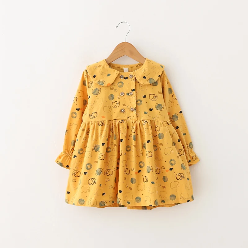 Хлопковое платье для девочек рубашки на весну и осень одежда с принтом слона, платье детские повседневные платья с длинными рукавами для девочек, топы для детей возрастом от 3 до 7 лет