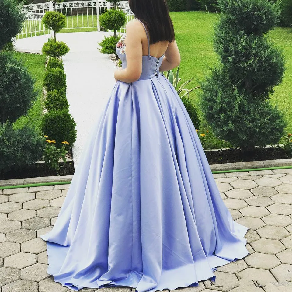 Spaghetti Strips Prom Dresses Sweep Train Long Special Occasion Party Gowns Pleated Floral Appliques Evening Party Gown