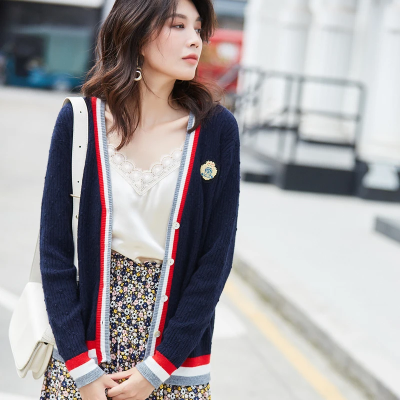 fall Women Autumn Preppy Style Casual Loose Contrast Striped cardigan Wool Knitted Red Sweater jersey mujer sueter damski