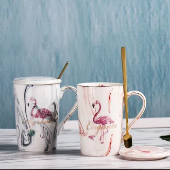 

Flamingo Coffee Mugs Ceramic Mug Coffee Couple Cup 450ml Marble Pattern Cup Gold Rim Mug Gift Box Set with Spoon Lid