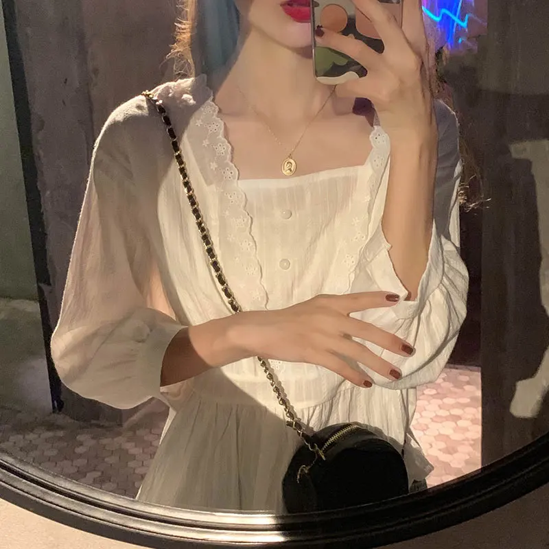 

WOMEN'S Long-sleeved Blouse 2019 Autumn Clothing New Style Loose Sense of Design Flounced Square Collar Now Shirt Korean-style T