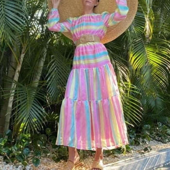 

Women Stripe Summer Dress Maxi Long Sleeve High Waist Sashes Holiday Beach Dress