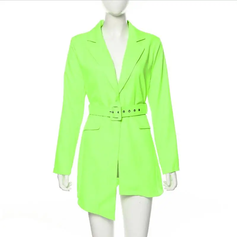 fluorescent green Осень OL длинный тонкий Блейзер костюм для женщин Зубчатый нестандартный Блейзер Пальто Повседневное элегантное с длинным рукавом женский деловой костюм - Цвет: fluorescent green
