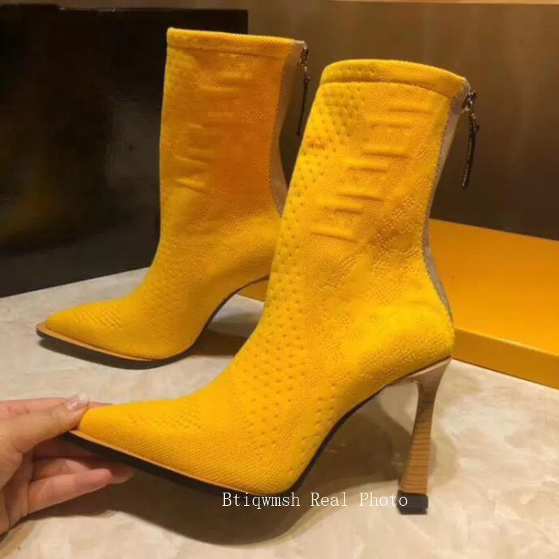 Вязаные эластичные сапоги до колена; женская обувь с острым носком и вышивкой на необычном высоком каблуке; женские эластичные ботильоны для подиума - Цвет: yellow ankle boots