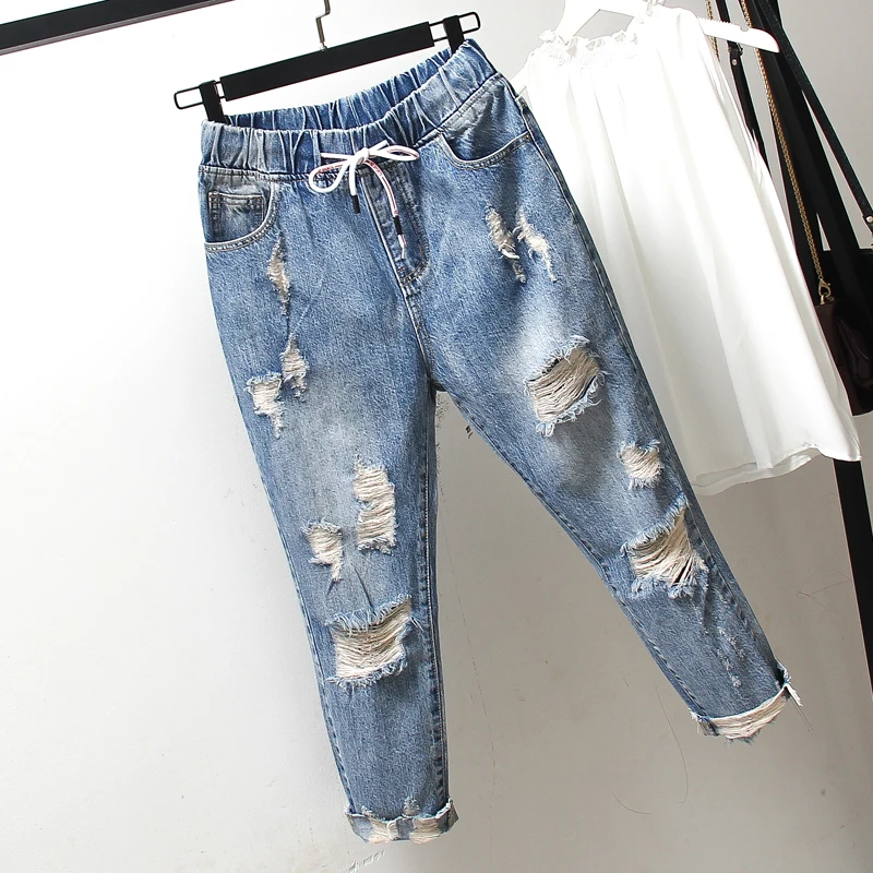 Summer Plus Size Elastic Waist Ripped Hole 9/10 Length Capri Denim Pants Jeans for Women L XL 2XL 3XL 4XL Summer Plus Size Elastic Waist Ripped Hole 9/10 Length Capri Denim Pants Jeans for Women L XL 2XL 3XL 4XL