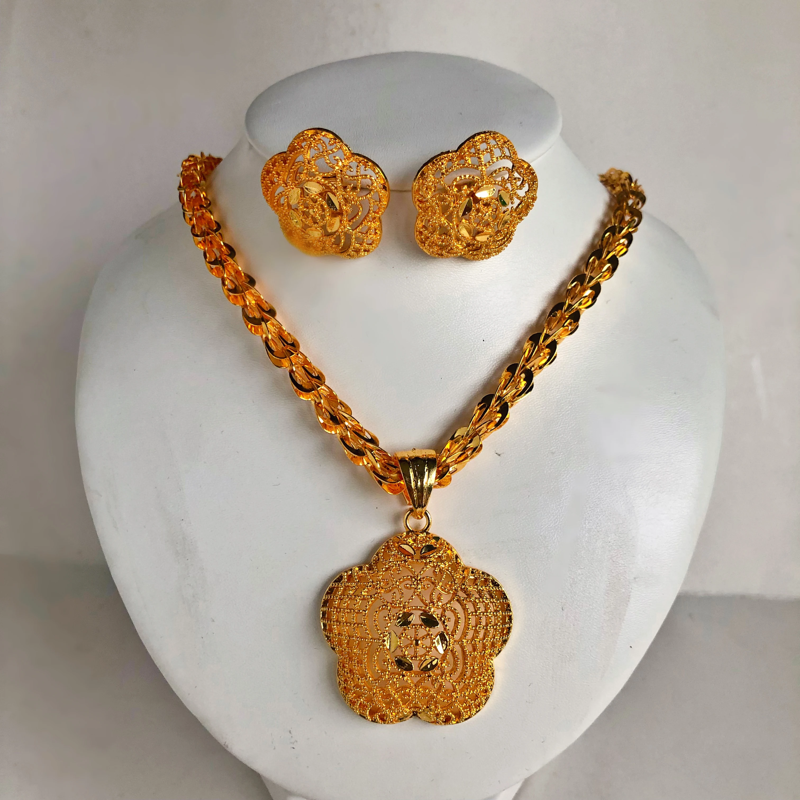 WANDO Dubai Arab Gold Color flower Wedding Jewelry Set For Women Earring/Necklace big pandent Women Halloween Christmas Gift