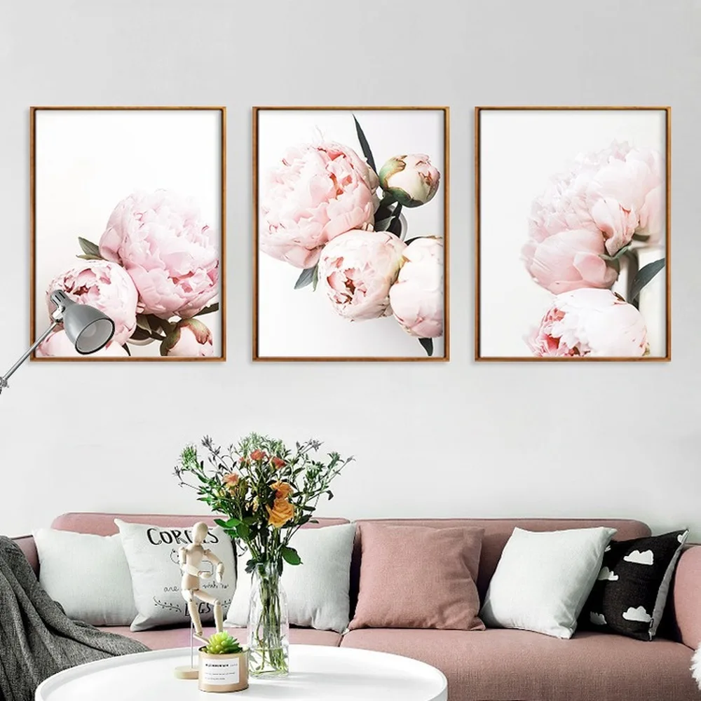 Простой Розовый пион Триптих холст живопись небольшой свежий цветок растения