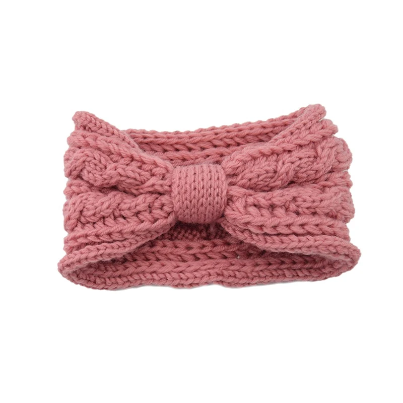 Зимняя теплая вязаная повязка на голову с ушками, тюрбан для женщин, вязаная крючком широкая эластичная повязка для головы, аксессуары для волос - Цвет: Розовый