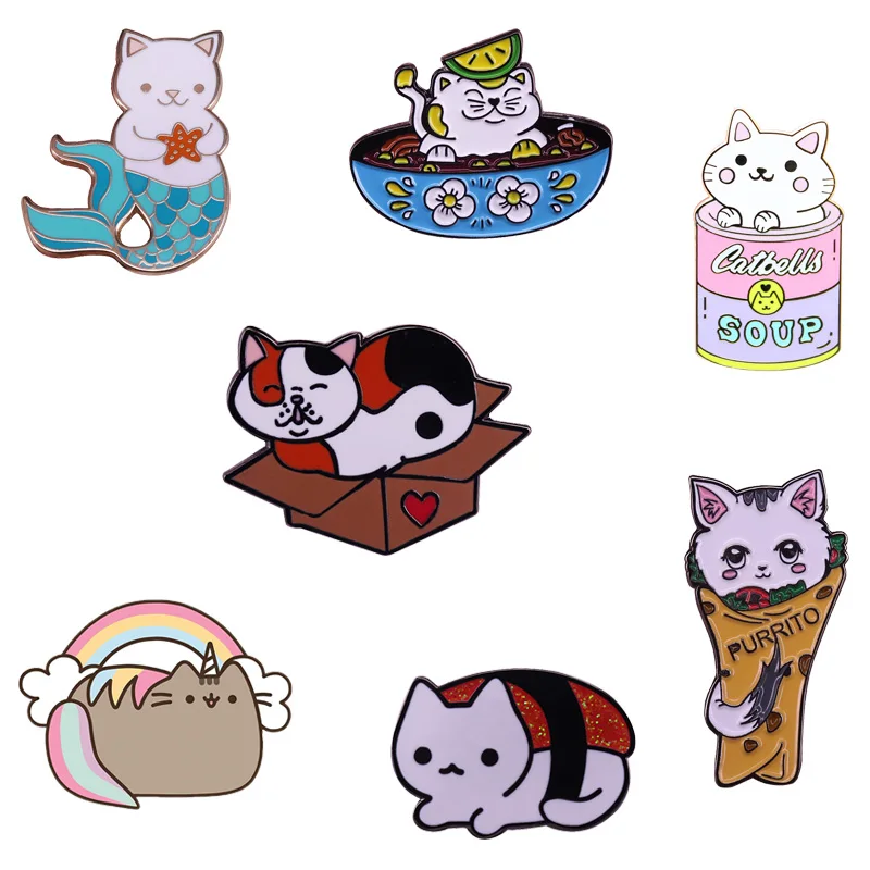 Kawaii Serie Di Gatto Dello Smalto Spilli Foodie Sushi Taco Meow Animale Del Fumetto Dei Monili Artista Collezione