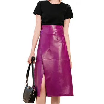 

Women Long Solid Irregular Split Skirts Genuine Sheepskin Leather Skirts Empire A Line Casual Skirt