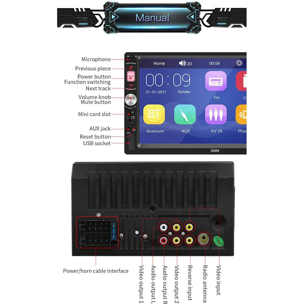 LumiParty автомобильный стерео MP5 плеер 7 дюймов FM радио Bluetooth 4 0 USB AUX заднего вида