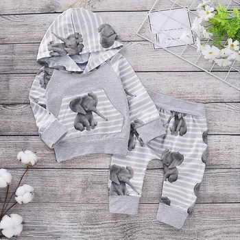 

Baby Girl Clothes Full Set Newborn Outfits For Boys Elephant Stripe Hooded Tops Pants 2PCS Infant Fashion Baby Girl Clothing Set