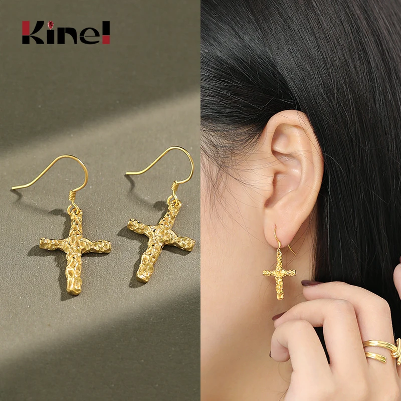 

Kinel New Real 100% 925 Sterling Silver Cross Earrings Korea Jewelry INS Creativity Bump Texture 18K Gold Silver Earrings