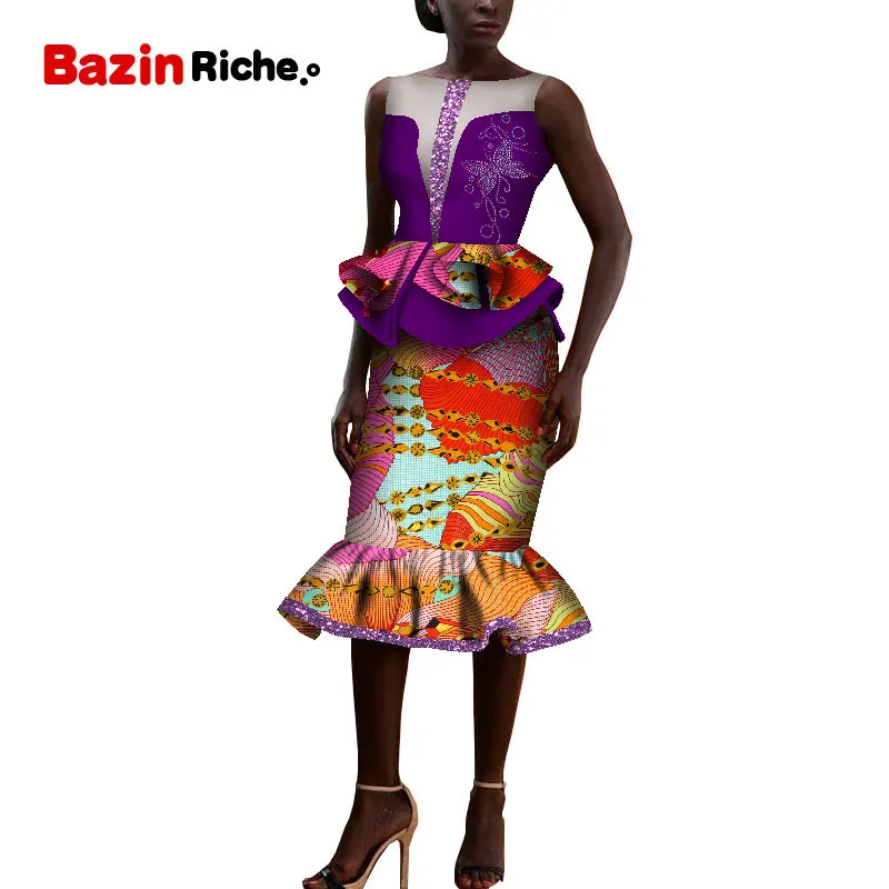 1 Африканская Дашики, одежда, элегантная женская юбка, комплект femme Bazin Riche, хлопок, плюс размер, два предмета, горячая буровая отделка, wy5403 - Цвет: 1