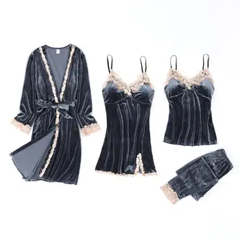 

2019 Winter Women Pajamas Sets With Chest Pads Gold Velvet 4 Pieces Sexy Lace Pijama Sleepwear Sleeveless Nightwear Pyjama