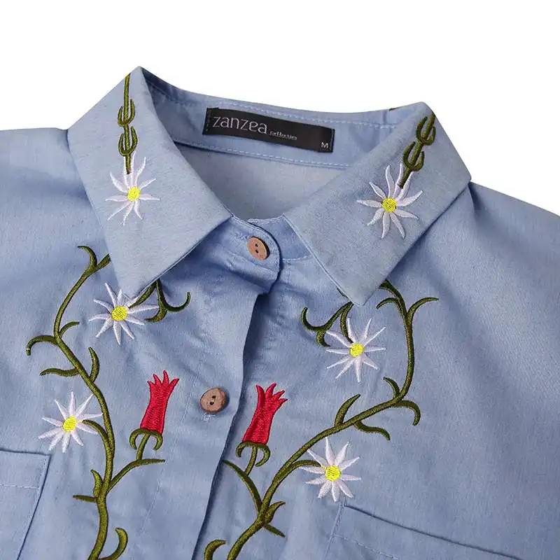 Blusas, топ, ZANZEA, повседневная, для работы, OL, туника, топы, модная, Цветочная вышивка, Джинсовая, синяя блузка, весна, для женщин, с длинным рукавом, рубашки для женщин