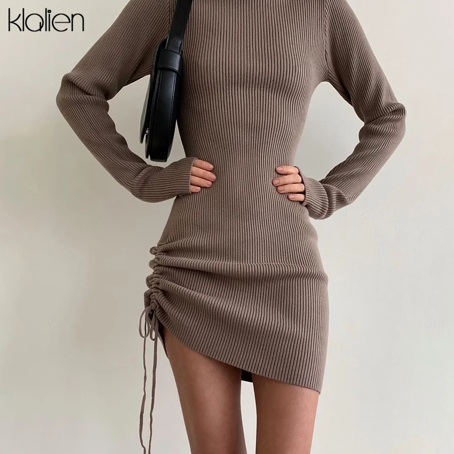 KLALIEN Autumn New Sweater Dress Women Long Sleeve Turtleneck Knit Solid Slim Drawstring Bodycon Dress Thicken Warm Streetwear homecoming dresses