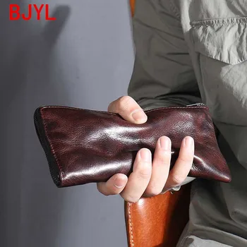 

Handmade Leather Wallet Men's Long Ticket Holder Phone Bag Genuine Leather Card Holder Purse Retro Pleated Denim Clutch Bags Men