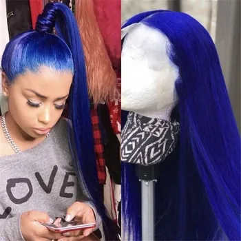 

Blue Wig DeepT Part Lace Front Human Hair Wigs For Woman Remy Brazilian Straight Colored Wig Pre Plucked Transparent Lace 150%