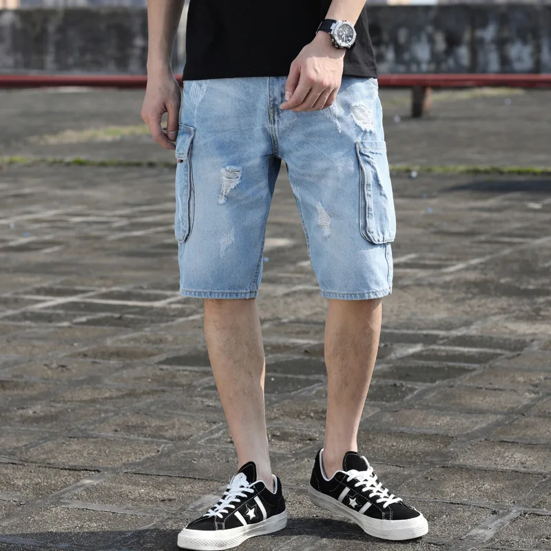 Summer Large Size Capri Pants Fat Fashion Hip Hop Shorts Men'S Wear Lard-bucket Shorts Men Loose-Fit Multi-pockets Jeans