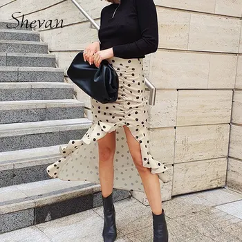 

Shevan Ruffle Midi Skirt Polka Dot Retro Sexy Women Khaki Elegant High Waist Side Slit Women Skirts