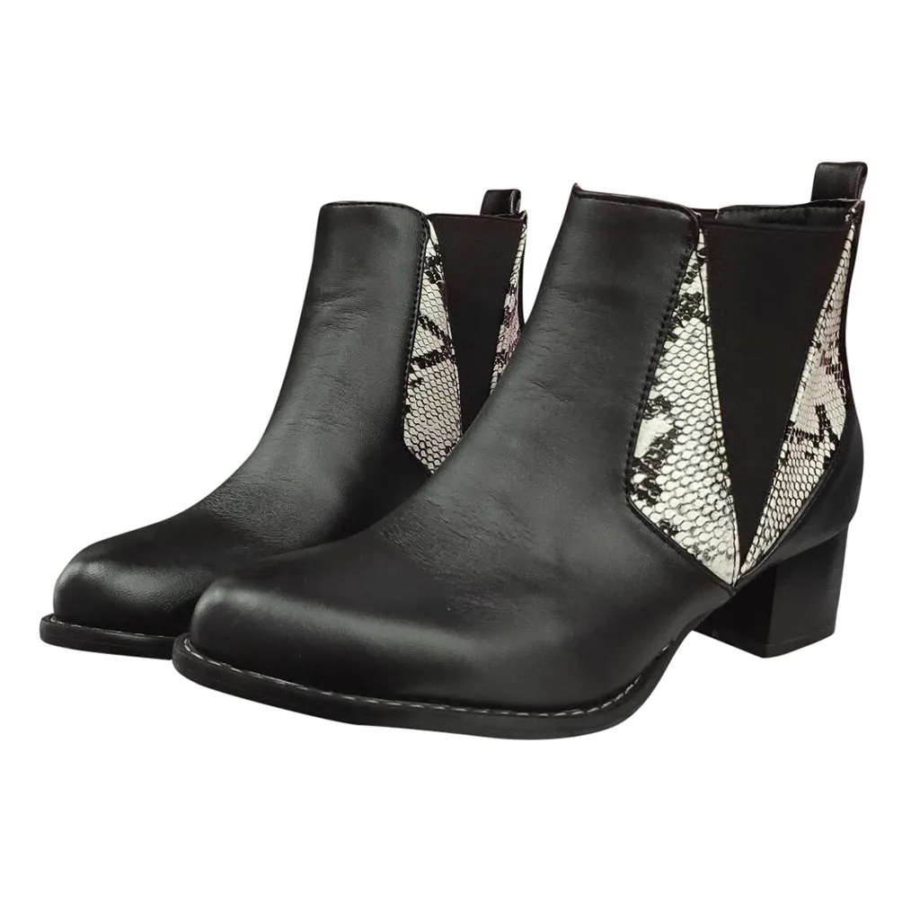 

New Arrival Chelsea Boots Women's Square Heeled Booties Elastic Band Snake Pattern Casual Shoes Female Leather Pointed Toe Shoe