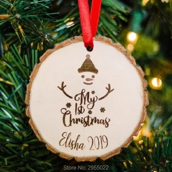 

Personalized Wooden Snowman Ornament, Rustic wood slice Ornament,2019 Family Christmas gift tags,My 1st First Christmas