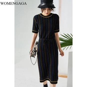 

2020 Summer Vintage 2 Pieces Set Women Short Sleeve Sweater Shirt+Mid-calf Skirt Runway Luxury Striped Brand Knitted Suits N031