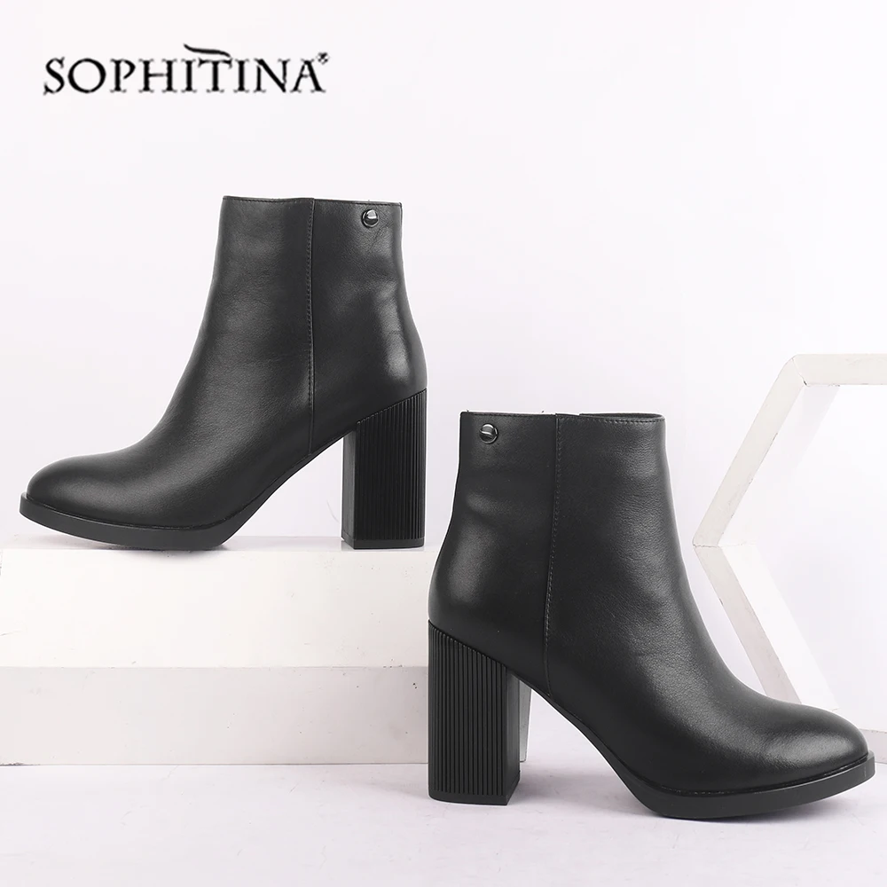 

SOPHITINA Solid Fashion Zipper Boots High Quality Genuine Leather Striped Square Heel Design New Shoes Women's Ankle Boots C514