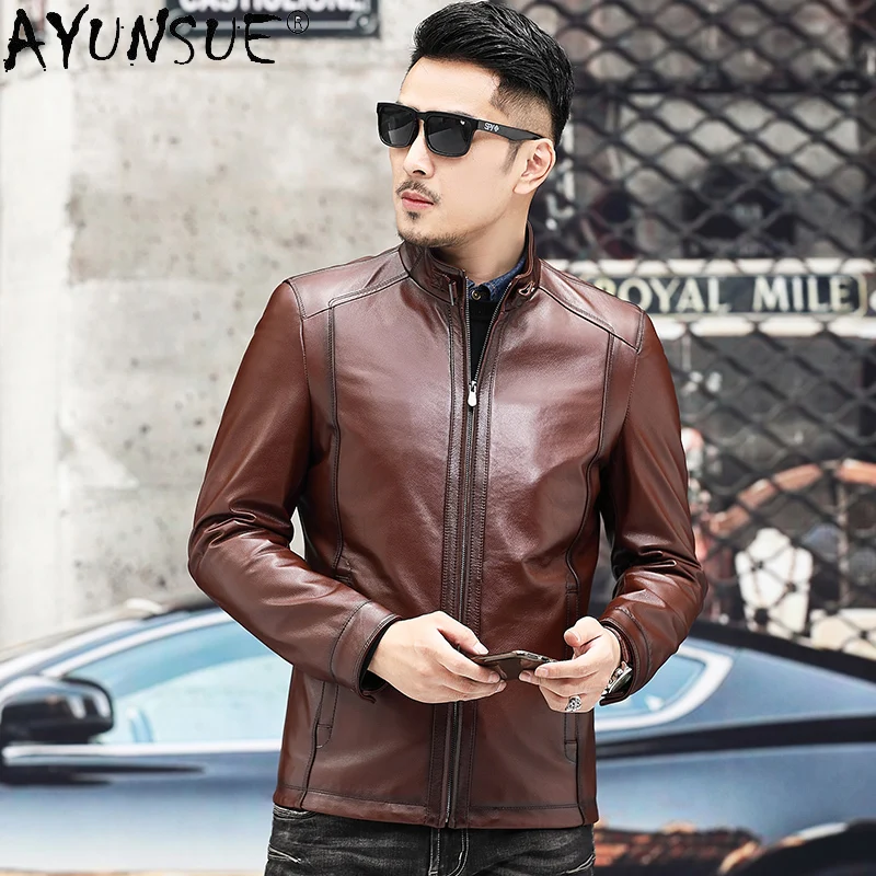

AYUNSUE Winter Autumn Genuine Cowhide Leather Jacket Men's Genuine Leather Coat Casual Slim Leather Jackets Jaqueta Masculina