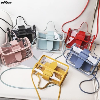 

2020 Fashion Trend Ladies Transparent Jelly Candy Color Small Bag Korean Solid Personality Big Buckle Crossbody Shoulder Handbag