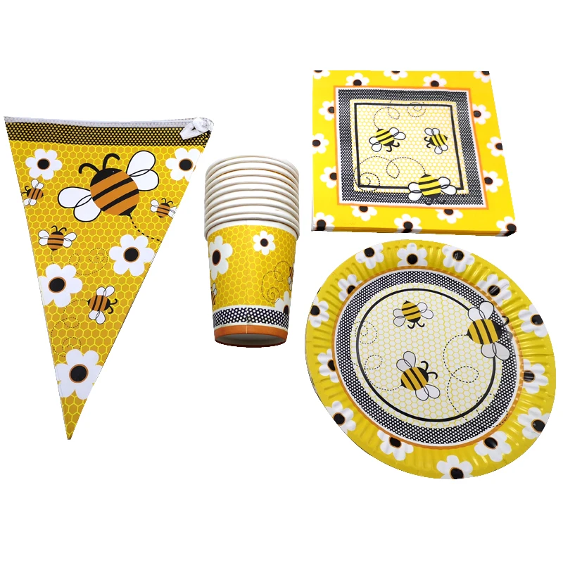 

80PCS Baby Shower Decoration Cartoon Bee Theme Plates Cups Kids Banner Tableware Set Happy Birthday Events Party Flags Napkins