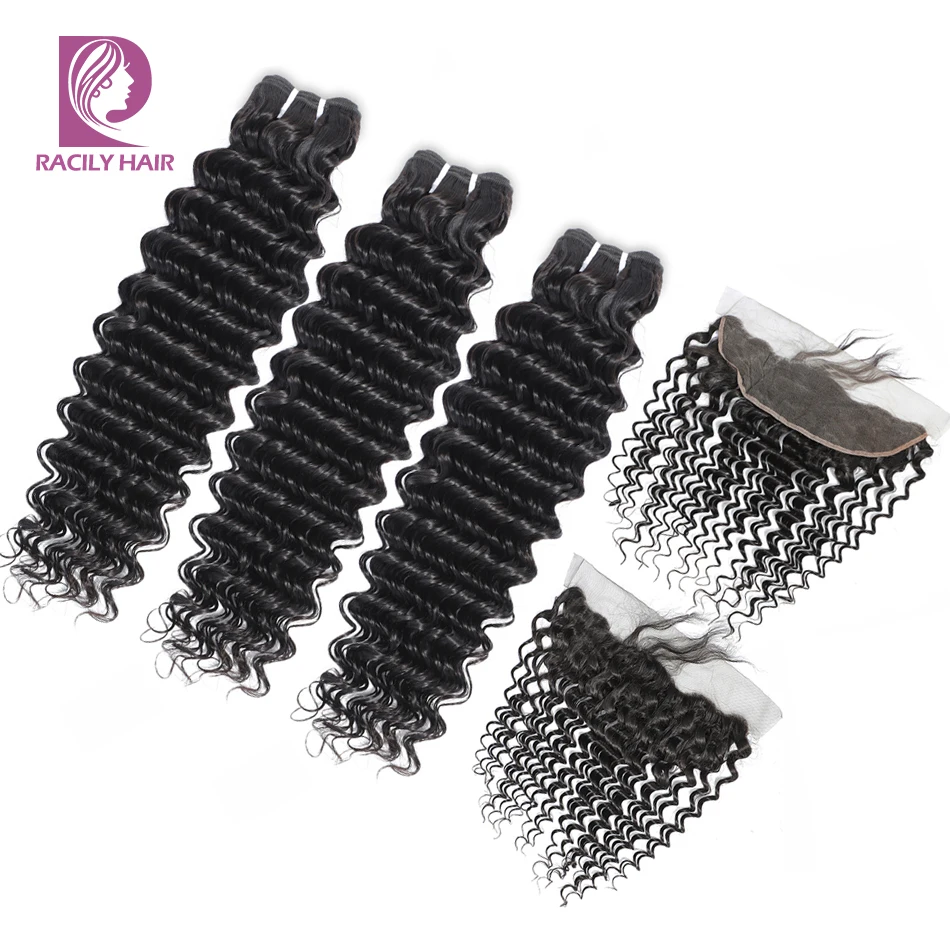 

Racily Hair Peruvian Deep Wave Hair Bundles With Frontal 13x4 Ear To Ear Lace Frontal Closure With Bundles Remy Human Hair Weave