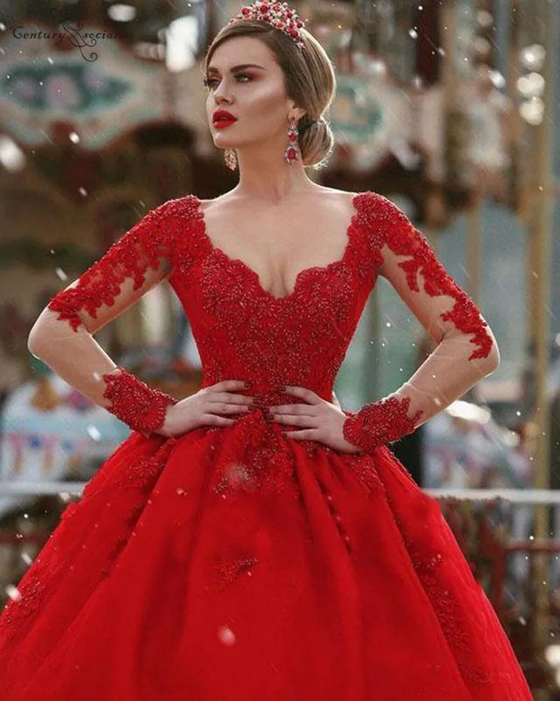 Красное платье принцессы бальное платье с длинным рукавом с аппликацией из бисера пышное платье из тюля 16 Vestidos De quinceavienera