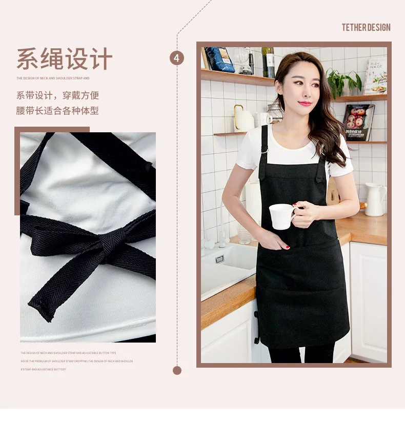 Sleeveless Black And White with Pattern Suspender Strap Apron Anti-Oil Pollution Kitchen Restaurant Work Clothes Cotton Solid Co