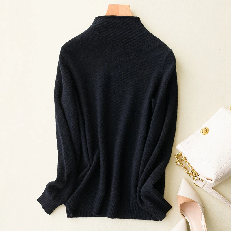 Натуральный женский шерстяной свитер водолазка зимний теплый пуловер женский длинный рукав повседневный облегающий пуловер качественные свитера - Цвет: Черный