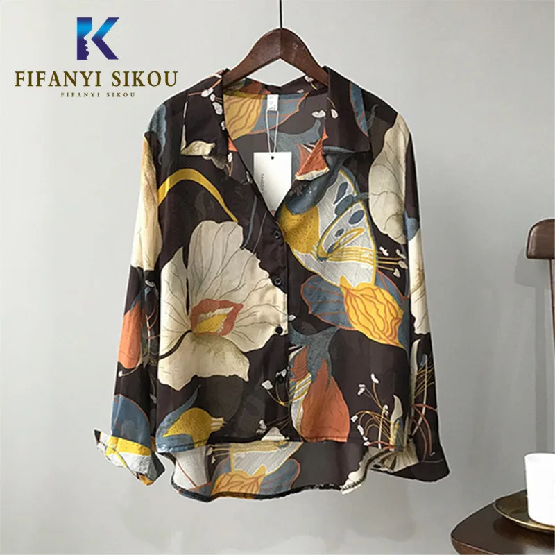 

2019 New Spring Womens tops and blouses Vintage Long sleeve Shirt Loose Print Blouse Women High quality Fashion Chiffon Shirts
