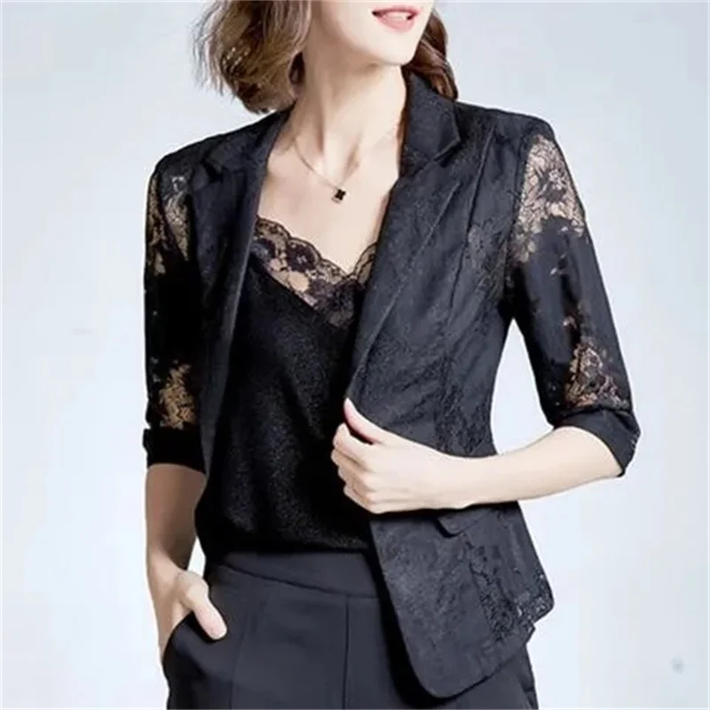 Women Jacket Slim Small Suit 2022 Female New Spring Summer Grace Coat Women Thin Design Lace Hollow Top Suit Solid Color Women