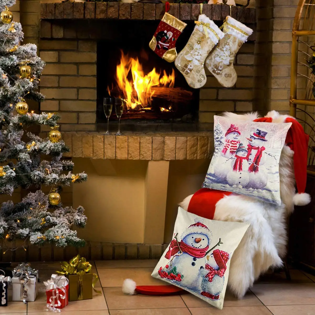 4 Pack Christmas Snowman Pillow Cover Throw for Xmas Happy New Year Winter, 18 x 18 Inc