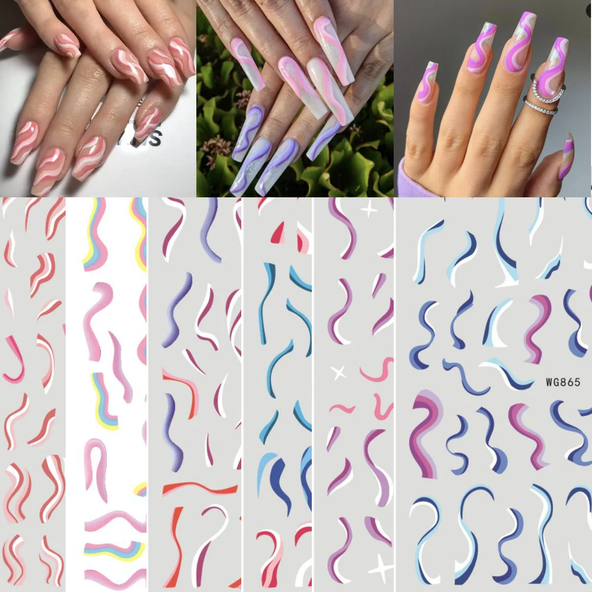 

3D nail art sticker Wave lines red purple blue colors back glue fashion Japanese style ultra thin slider decal WG114