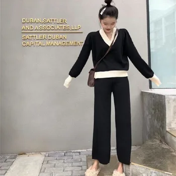 

women tracksuit autumn winter knitting suit long sleeve sweater wide legs pants suit 2 piece set trousers suit loose P112