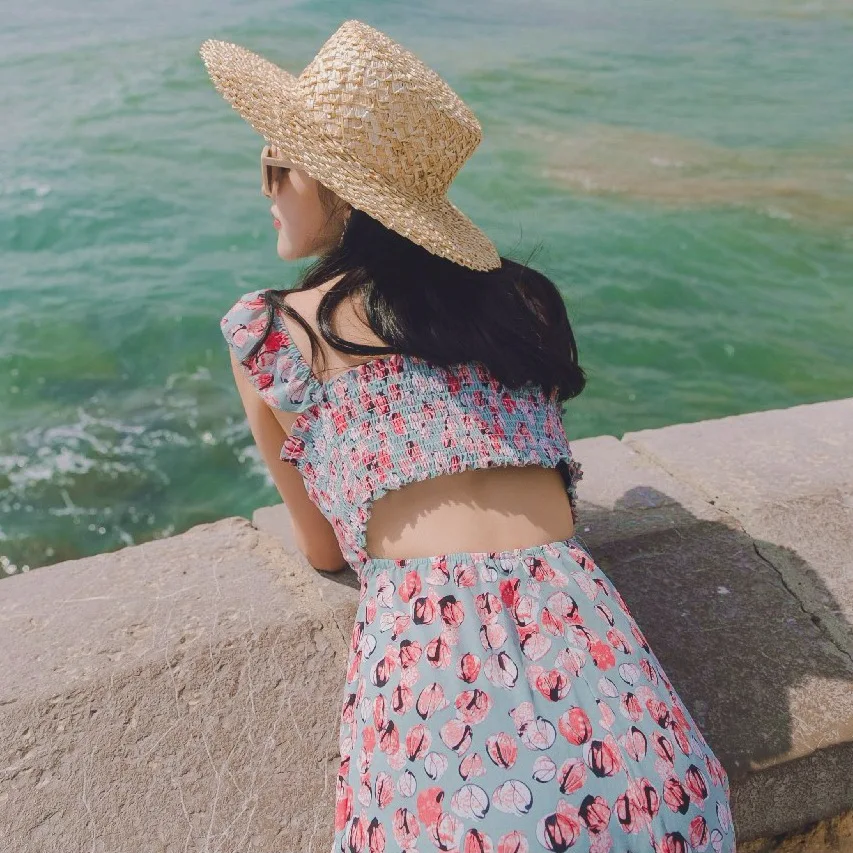 

Photo Shoot First Love Floral Print Cutout-Waist Strapped Dress Women's Summer Small Fresh off-Shoulder High-waisted Slit sukol