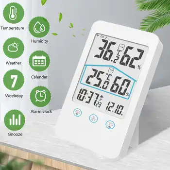 

Weather Station LED Screen Alarm Clock Temperature Humidity Snooze Wireless PR Sensor Calendar Function White Plastic
